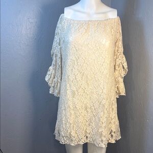 Elan Cream Lace Off-Shoulder Mini Dress Beautiful Sleeves Medium